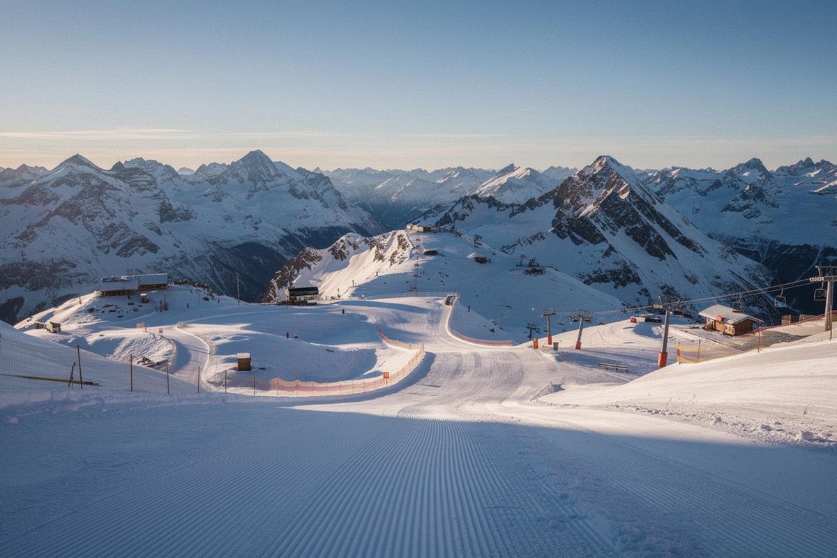 High-altitude ski pistes at Val Thorens under a clear morning sky