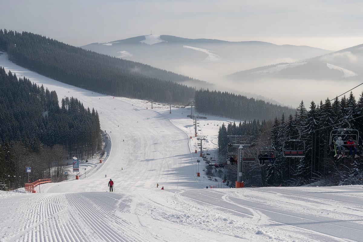 Groomed Carpathian slopes of Bukovel with pine forest below