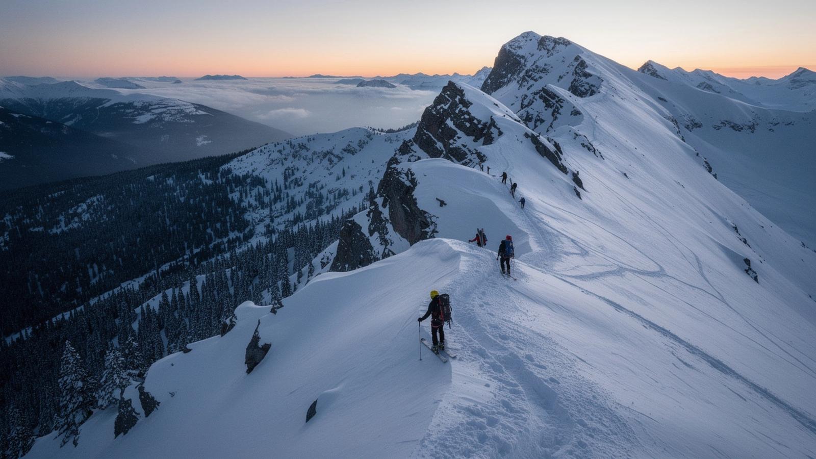 Snow-covered alpine ridge above the tree line at dawn