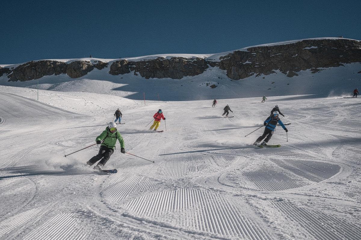 Skiers on a groomed alpine piste below a ridgeline
