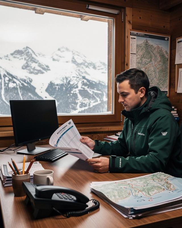 Agency guide checking the piste report at a mountain resort office